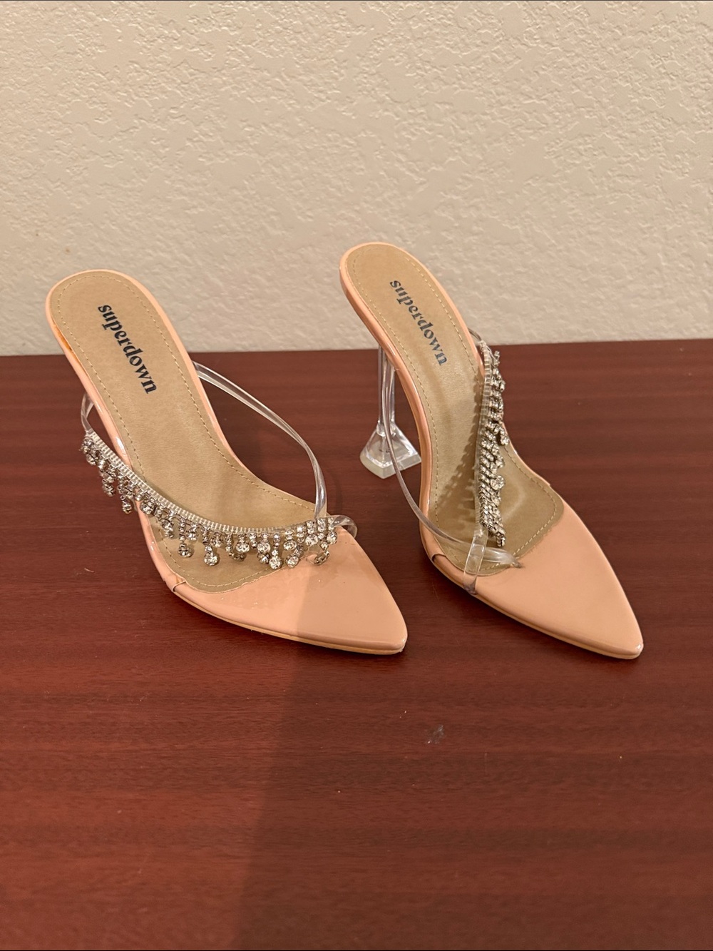 Superdown Nude Patent Clear Strap Heeled Sandals with Crystal Fringe - Picture 2 of 7